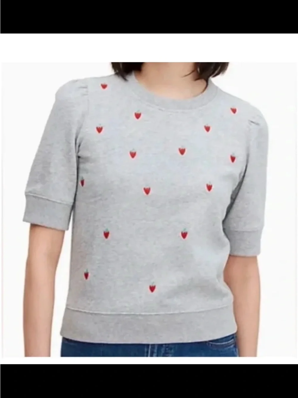 Kate Spade size small Grey Strawberry-Print Short Sleeve Sweatshirt cottage core
